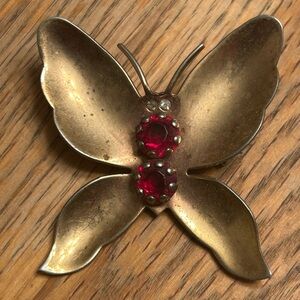 Vtg Brass Butterfly Brooch Red Rhinestone Insect Pin 1940s MCM Figural Jewelry